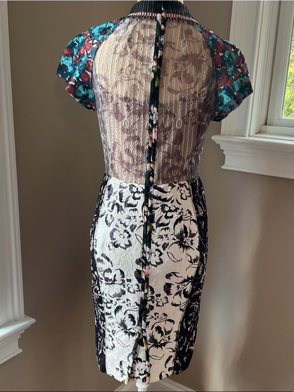 Anthro/Byron Lars Black Floral Patchwork Midi Dress with Teal & Pink Accents - Picture 7 of 13